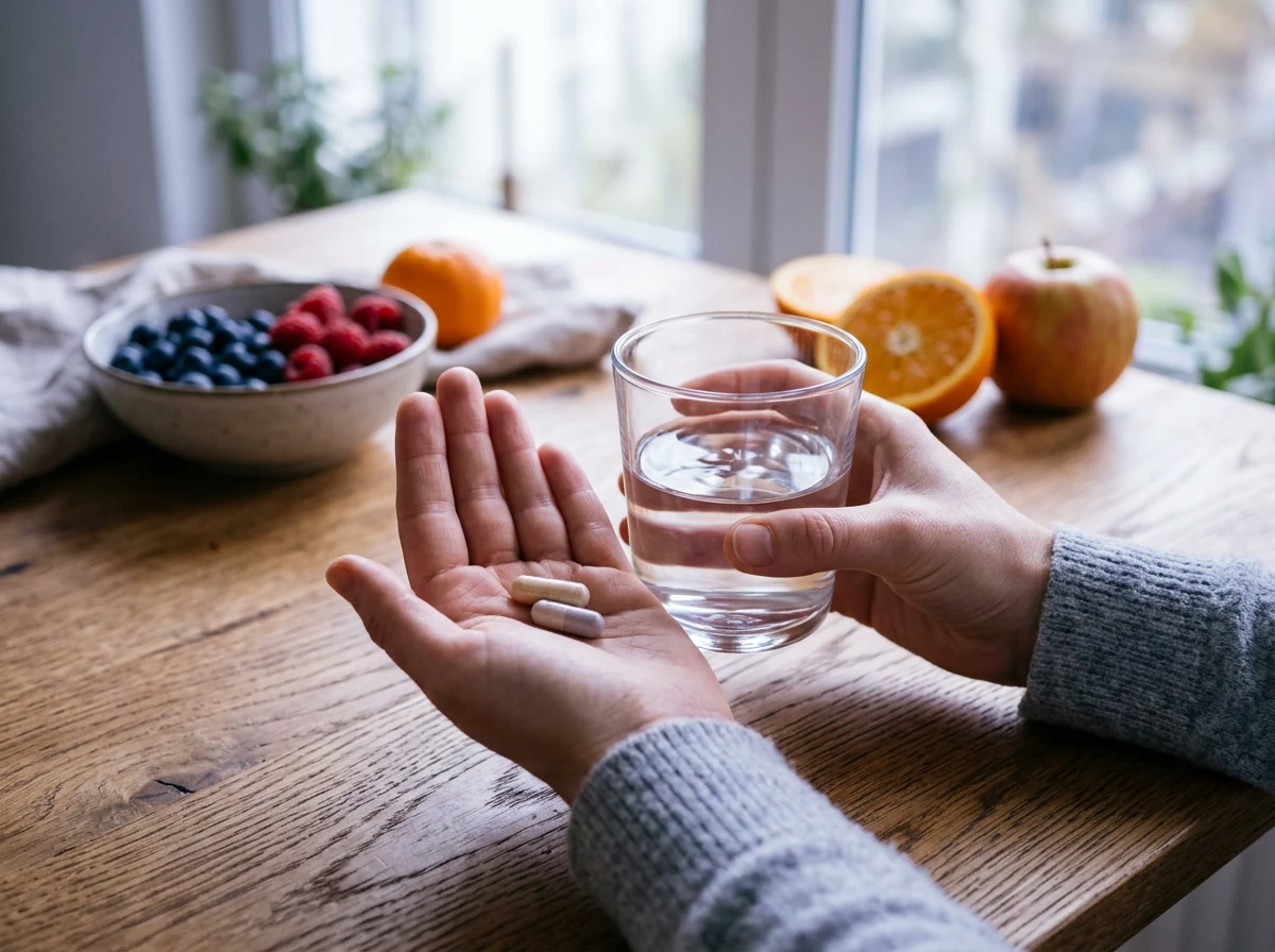 Handen met Ozalyn capsules en glas water - dagelijkse supplementroutine